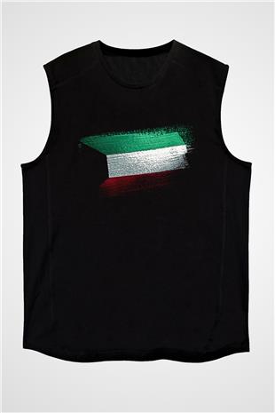 Kuveyt - Kuwait Bayrağı Baskılı Unisex Siyah Kolsuz Tişört