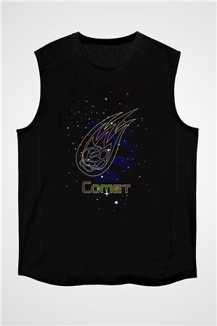Kuyruklu Yıldız Baskılı Unisex Kolsuz Siyah Tişört - Tshirt