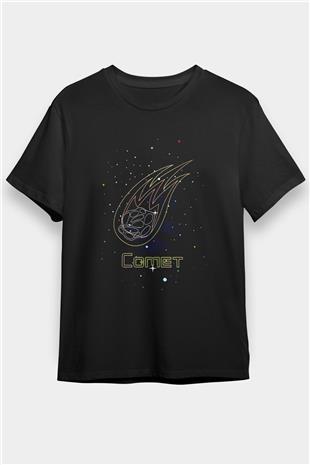 Kuyruklu Yıldız Baskılı Unisex Siyah Tişört - Tshirt