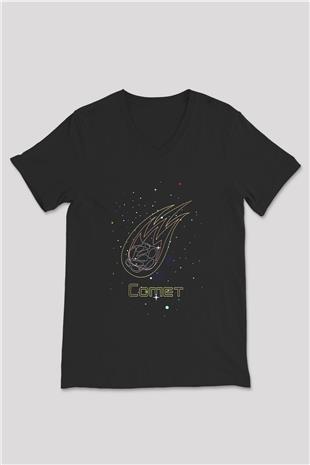Kuyruklu Yıldız Baskılı Unisex V Yaka Siyah Tİşört - Tshirt
