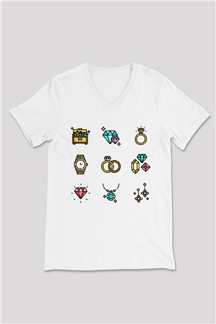 Kuyumcu Beyaz Unisex V Yaka Tişört T-Shirt