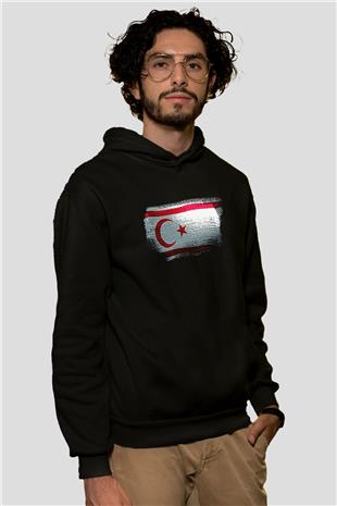 Kuzey Kıbrıs Türk Cumhuriyeti - Northern Cyprus Bayrağı Baskılı Unisex Siyah Kapüşonlu Sweatshirt