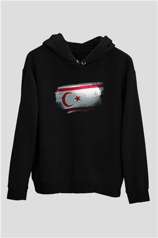 Kuzey Kıbrıs Türk Cumhuriyeti - Northern Cyprus Bayrağı Baskılı Unisex Siyah Kapüşonlu Sweatshirt
