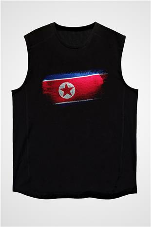 Kuzey Kore - North Korea Bayrağı Baskılı Unisex Siyah Kolsuz Tişört