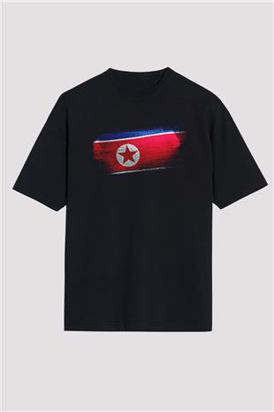 Kuzey Kore - North Korea Bayrağı Baskılı Unisex Siyah Oversize Tişört