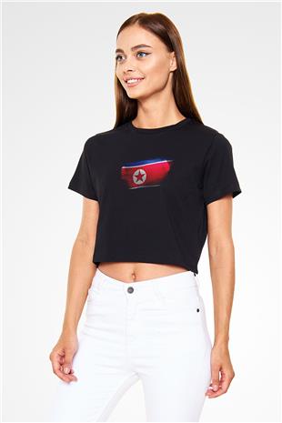 Kuzey Kore - North Korea Bayrağı Baskılı Kadın Crop Top Siyah Tişört