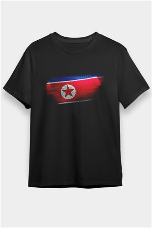 Kuzey Kore - North Korea Bayrağı Baskılı Unisex Siyah Tişört