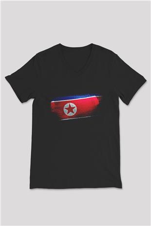 Kuzey Kore - North Korea Bayrağı Baskılı Unisex Siyah V Yaka Tişört