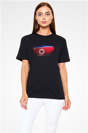 Kuzey Kore - North Korea Bayrağı Baskılı Unisex Siyah Tişört