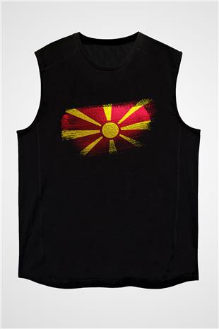 Kuzey Makedonya - North Macedonia Bayrağı Baskılı Unisex Siyah Kolsuz Tişört