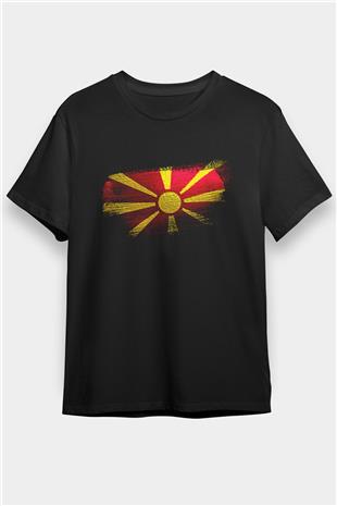 Kuzey Makedonya - North Macedonia Bayrağı Baskılı Unisex Siyah Tişört