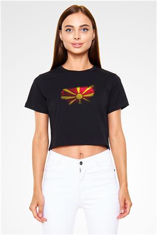 Kuzey Makedonya - North Macedonia Bayrağı Baskılı Kadın Crop Top Siyah Tişört