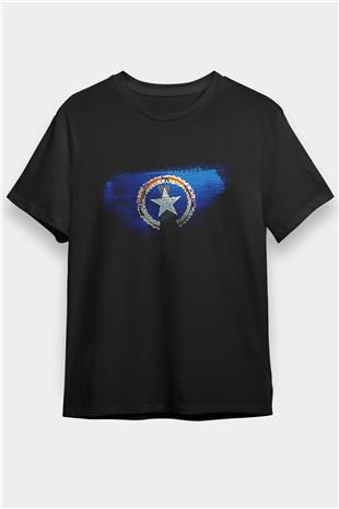 Kuzey Mariana Adaları - Northern Mariana Islands Bayrağı Baskılı Unisex Siyah Tişört