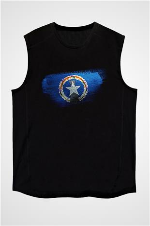 Kuzey Mariana Adaları - Northern Mariana Islands Bayrağı Baskılı Unisex Siyah Kolsuz Tişört