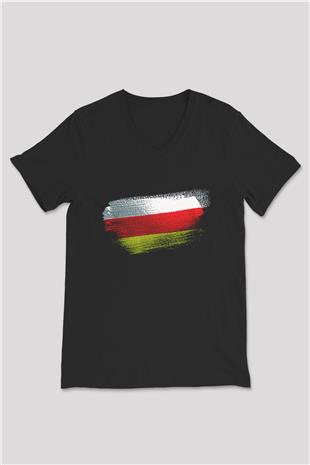 Kuzey Osetya Alanya - North Ossetia–Alania Bayrağı Baskılı Unisex Siyah V Yaka Tişört