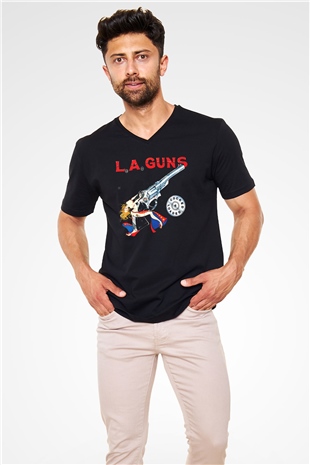 L.A. Guns Siyah Unisex V Yaka Tişört