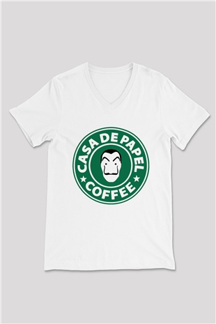 La casa de papel Beyaz Unisex V Yaka Tişört T-Shirt