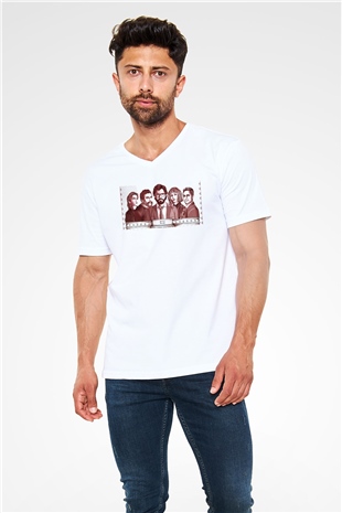 La casa de papel Beyaz Unisex V Yaka Tişört T-Shirt