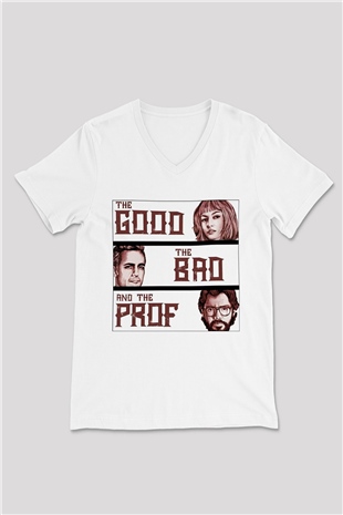 La casa de papel Beyaz Unisex V Yaka Tişört T-Shirt