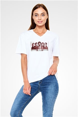 La casa de papel Beyaz Unisex V Yaka Tişört T-Shirt