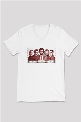 La casa de papel Beyaz Unisex V Yaka Tişört T-Shirt