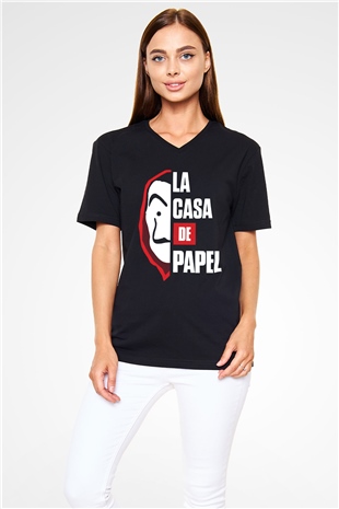 La casa de papel Siyah Unisex V Yaka Tişört T-Shirt