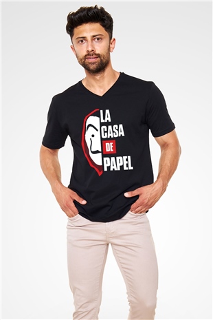 La casa de papel Siyah Unisex V Yaka Tişört T-Shirt