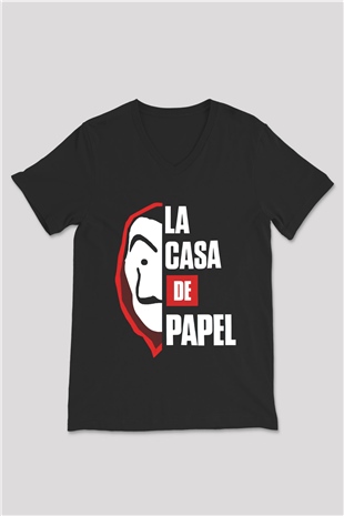 La casa de papel Siyah Unisex V Yaka Tişört T-Shirt