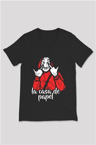 La casa de papel Siyah Unisex V Yaka Tişört T-Shirt
