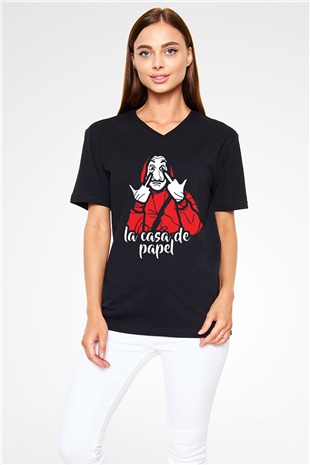 La casa de papel Siyah Unisex V Yaka Tişört T-Shirt