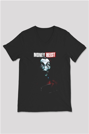 La casa de papel Siyah Unisex V Yaka Tişört