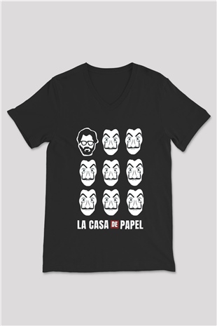 La casa de papel Siyah Unisex V Yaka Tişört T-Shirt