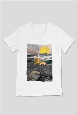 La Sagrada Familia Beyaz Unisex V Yaka Tişört