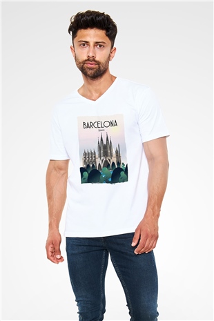 La Sagrada Familia Beyaz Unisex V Yaka Tişört