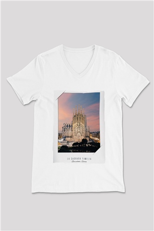 La Sagrada Familia Beyaz Unisex V Yaka Tişört