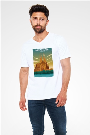 La Sagrada Familia Beyaz Unisex V Yaka Tişört