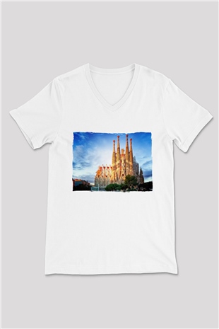 La Sagrada Familia Beyaz Unisex V Yaka Tişört