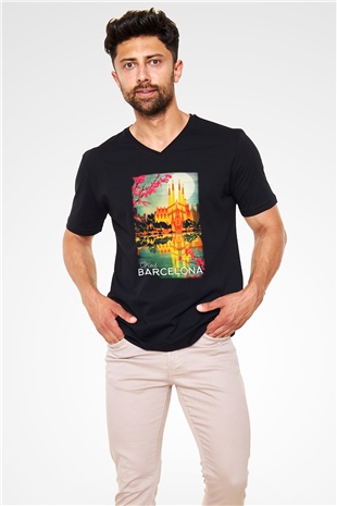 La Sagrada Familia Siyah Unisex V Yaka Tişört T-Shirt