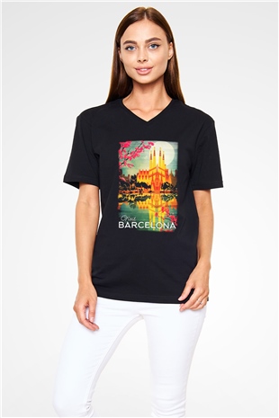 La Sagrada Familia Siyah Unisex V Yaka Tişört T-Shirt