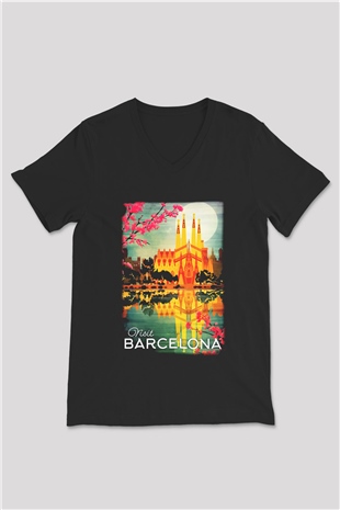 La Sagrada Familia Siyah Unisex V Yaka Tişört T-Shirt