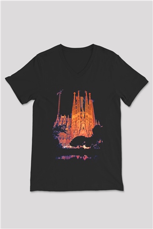La Sagrada Familia Siyah Unisex V Yaka Tişört