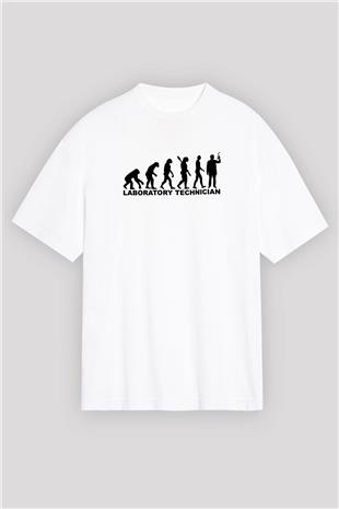 Laborant Evrimi Baskılı Unisex Oversize Beyaz Tişört - Tshirt
