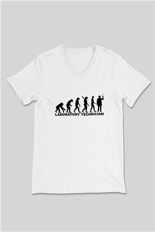 Laborant Evrimi Baskılı Unisex V Yaka Beyaz Tişört - Tshirt