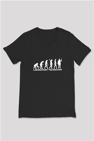 Laborant Evrimi Baskılı Unisex V Yaka Siyah Tİşört - Tshirt