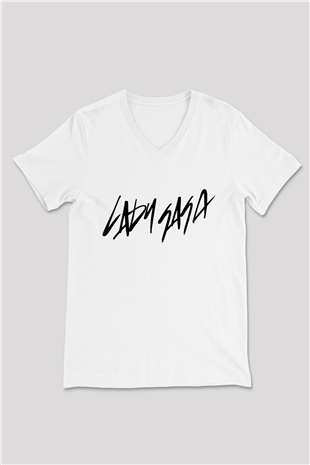 Lady Gaga Beyaz Unisex V Yaka Tişört T-Shirt