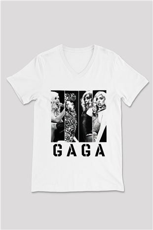 Lady Gaga Beyaz Unisex V Yaka Tişört T-Shirt