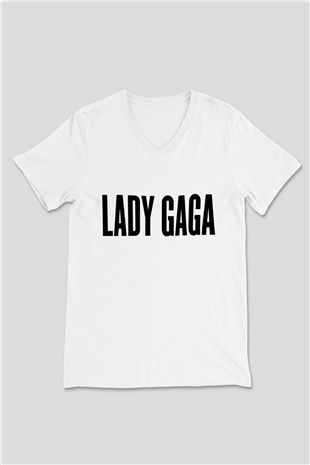 Lady Gaga Beyaz Unisex V Yaka Tişört T-Shirt