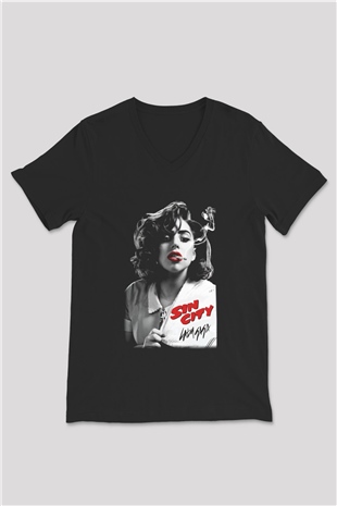 Lady Gaga Siyah Unisex V Yaka Tişört T-Shirt