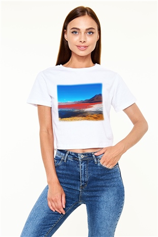 Laguna Colorada Beyaz Croptop Tişört