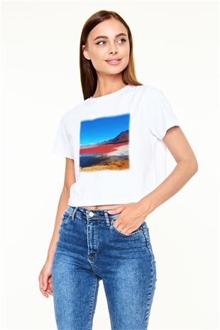 Laguna Colorada Beyaz Croptop Tişört